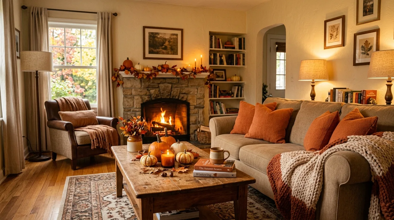Cozy living room decorated with autumn pillows, blankets, and pumpkins