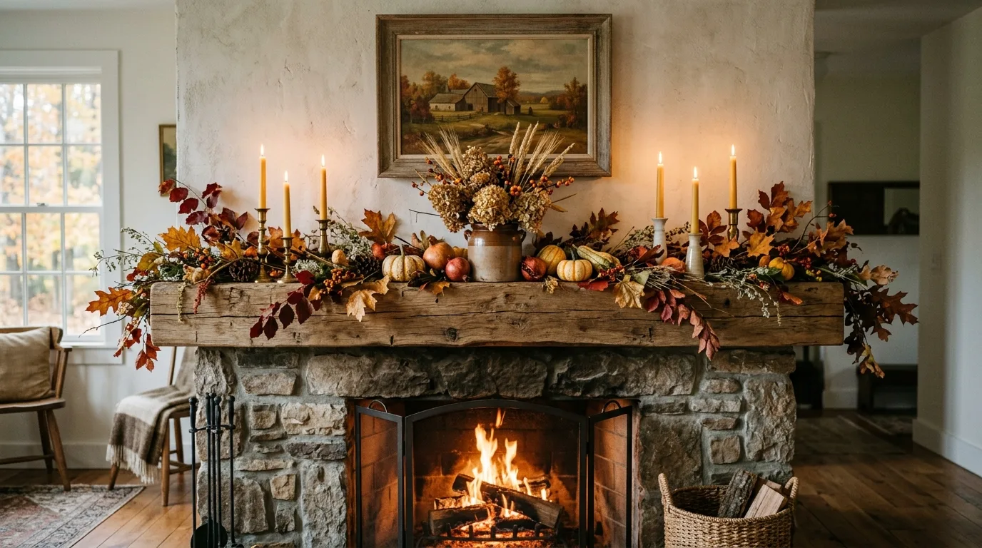 Rustic farmhouse mantel with fall garland and candles