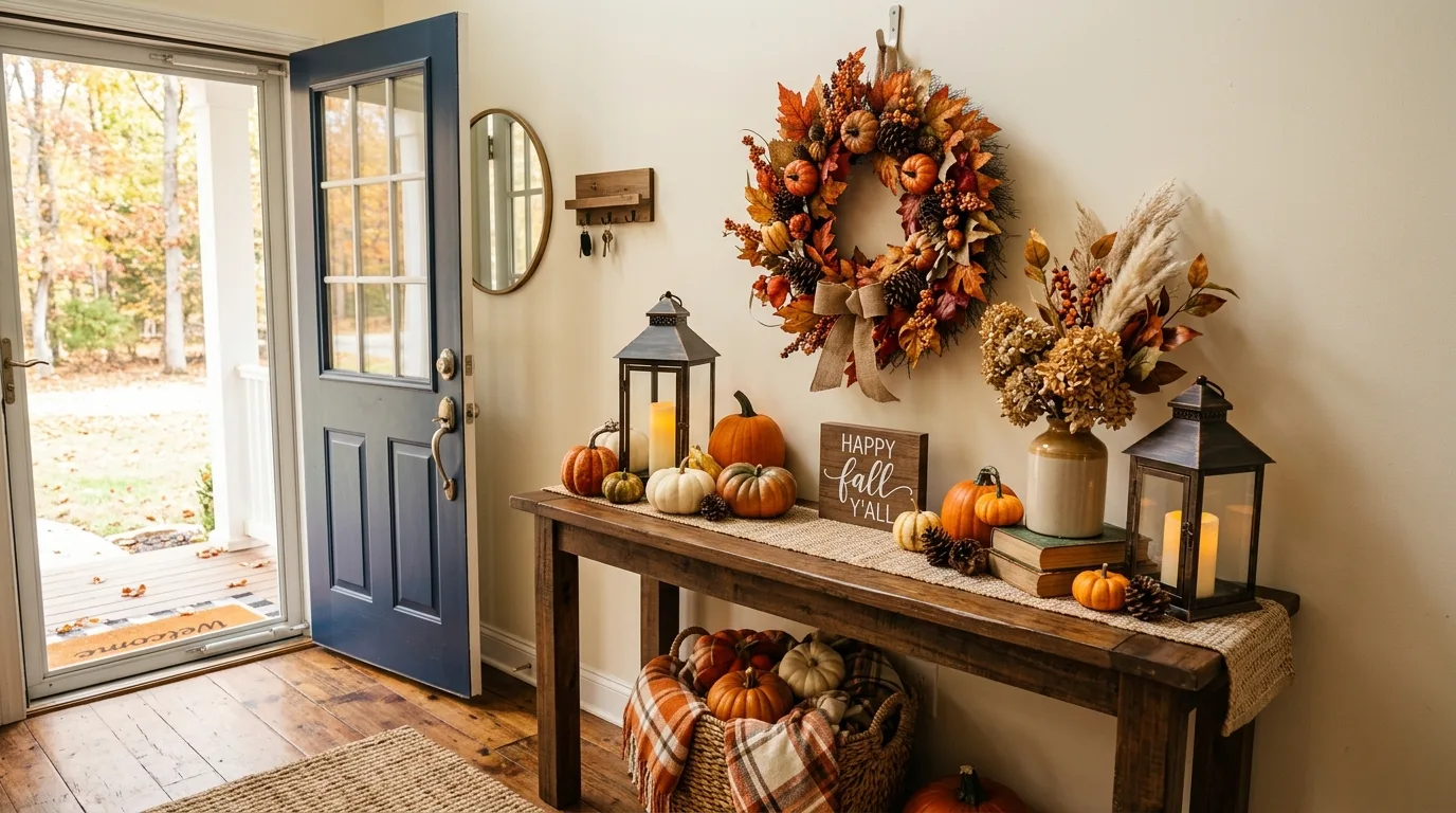 Fall-themed entryway table with lanterns, pumpkins, and wreath