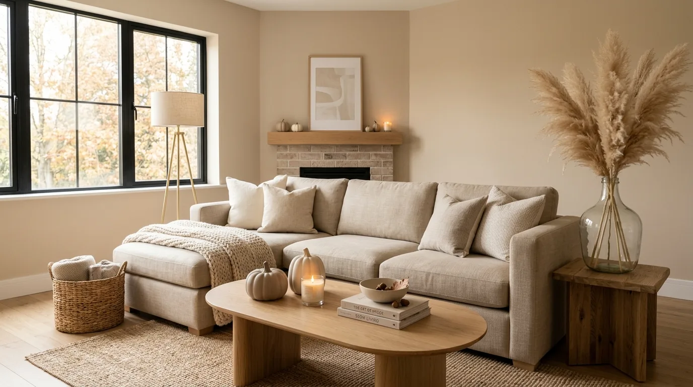 Neutral autumn living room with pampas grass and subtle pumpkins
