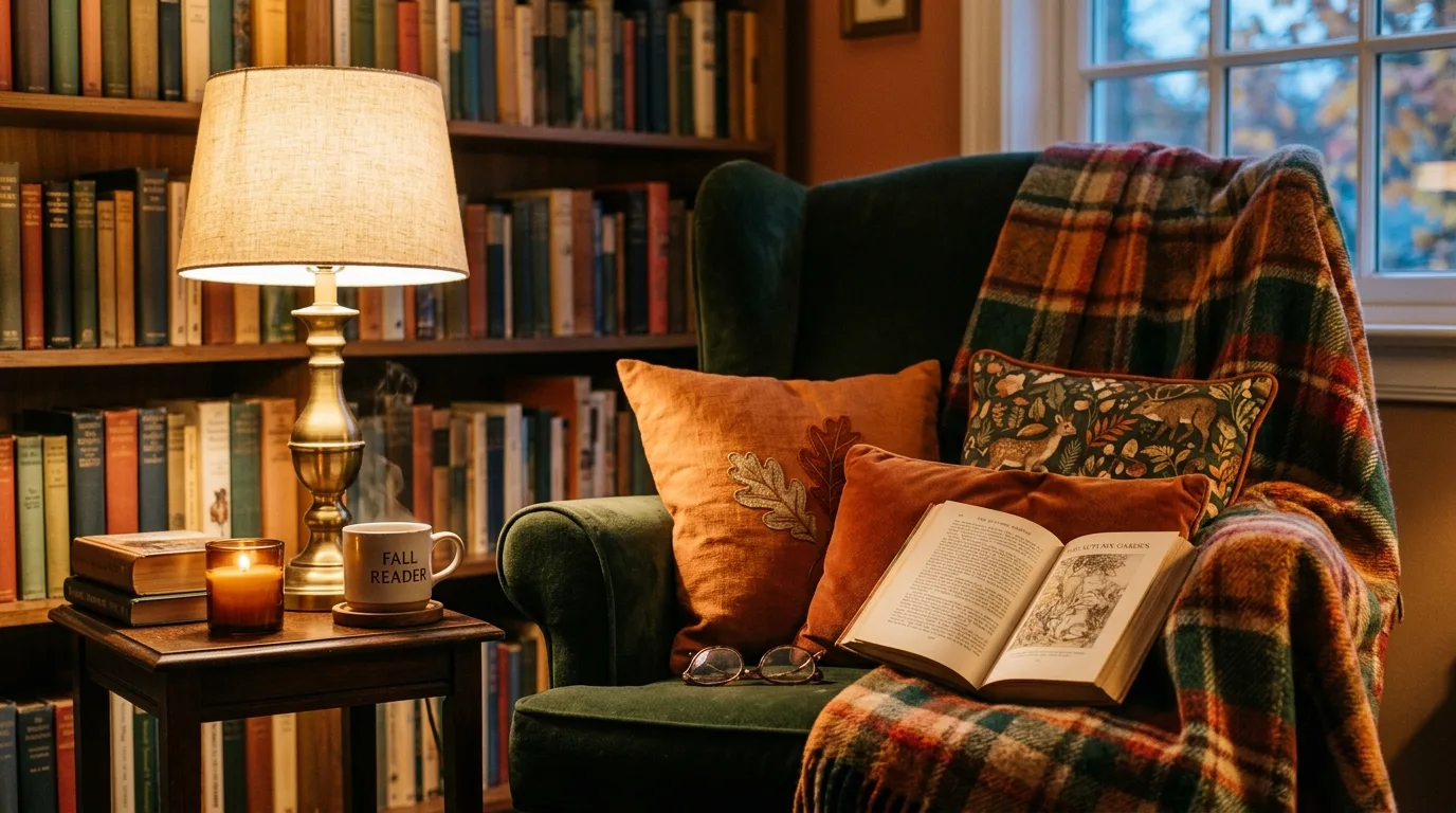 Cozy autumn reading corner with plaid blanket and fall pillows