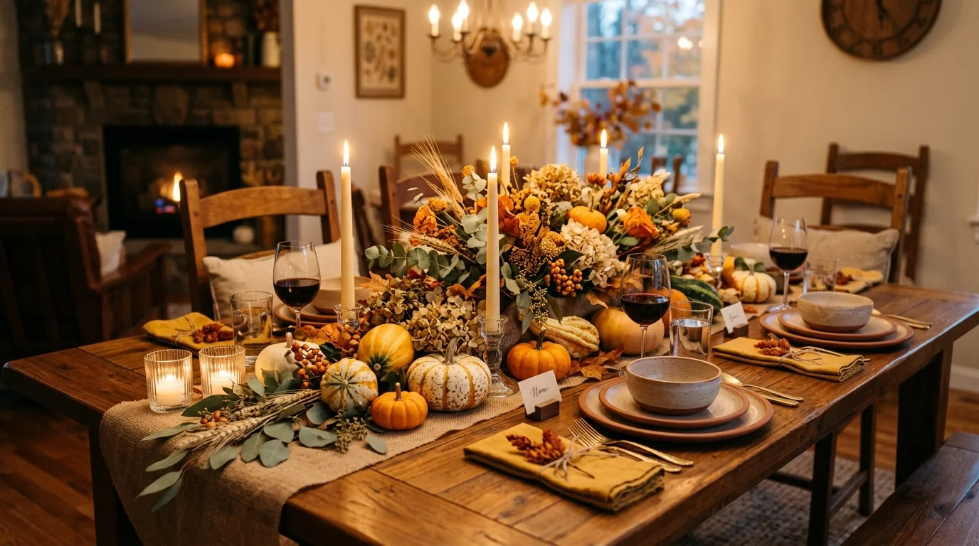 Wooden dining table with a fall centerpiece of candles and gourds
