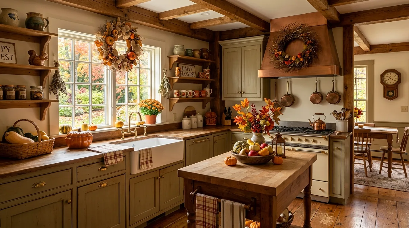 Rustic kitchen with autumn wreaths and seasonal decor accents