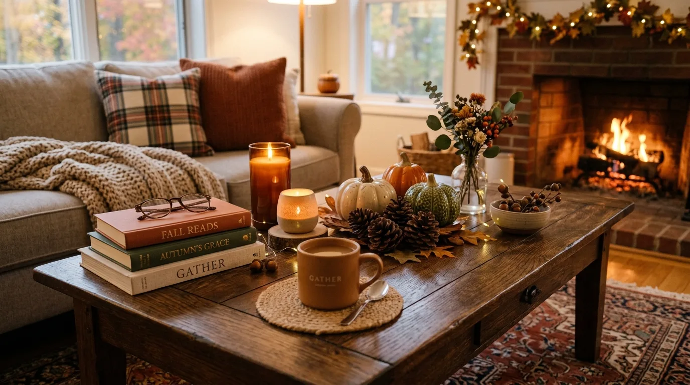 Coffee table decorated with candles, books, pinecones, and mini pumpkins