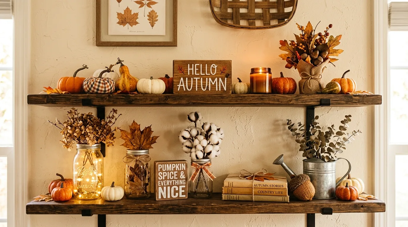 Farmhouse shelf styled with mason jars, leaves, and fall signs