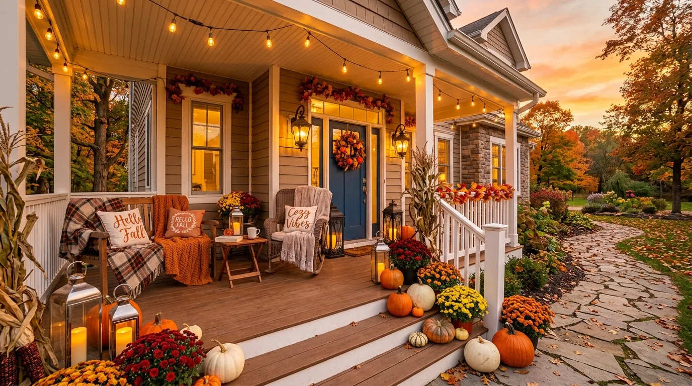 Front porch decorated for fall with pumpkins, lanterns, and seating