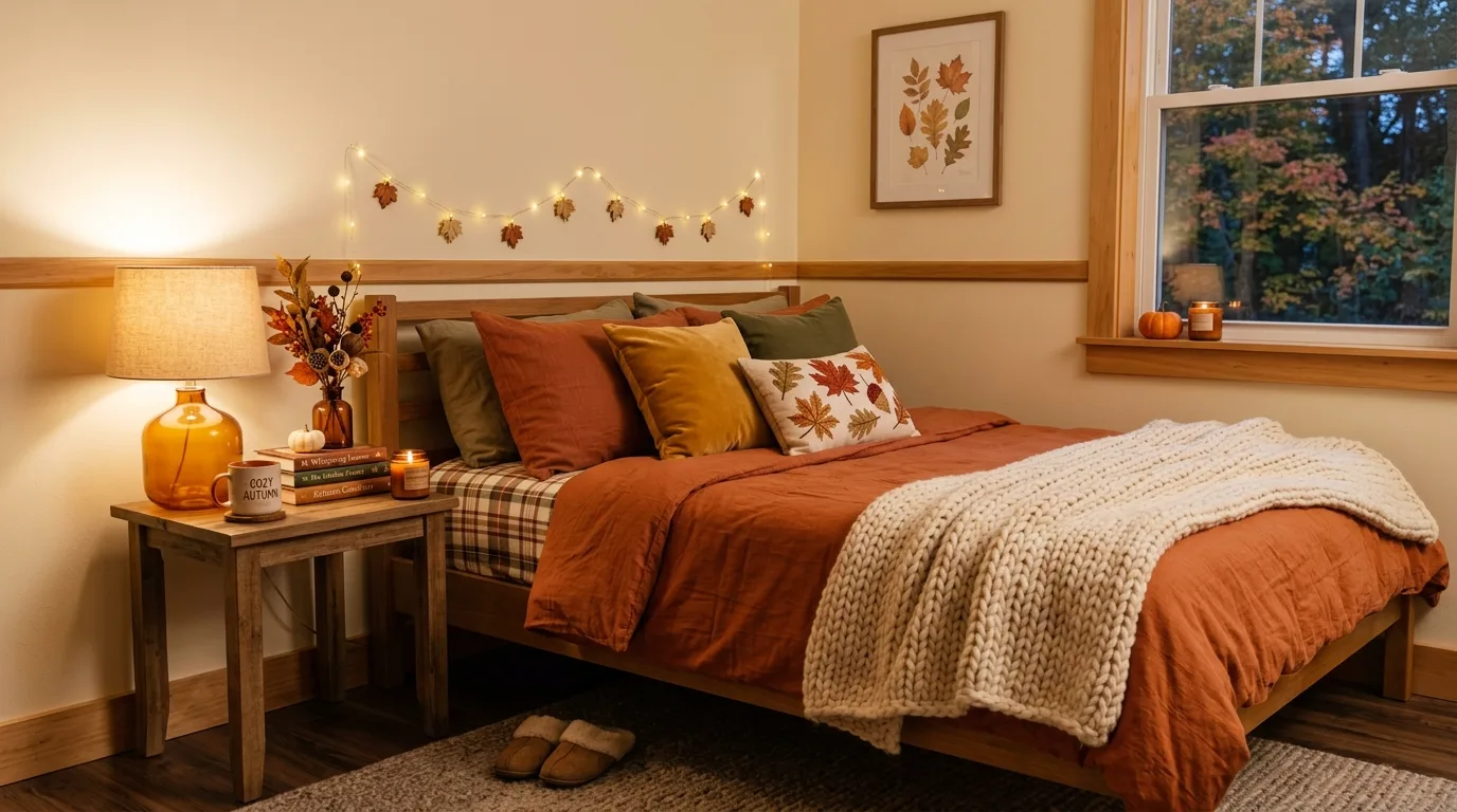 Bedroom corner with autumn bedding and warm decorative accents