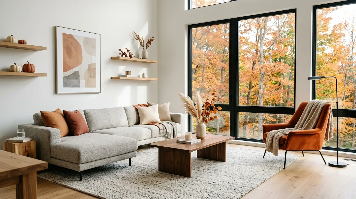 Modern fall living room with muted orange accents and sleek furniture