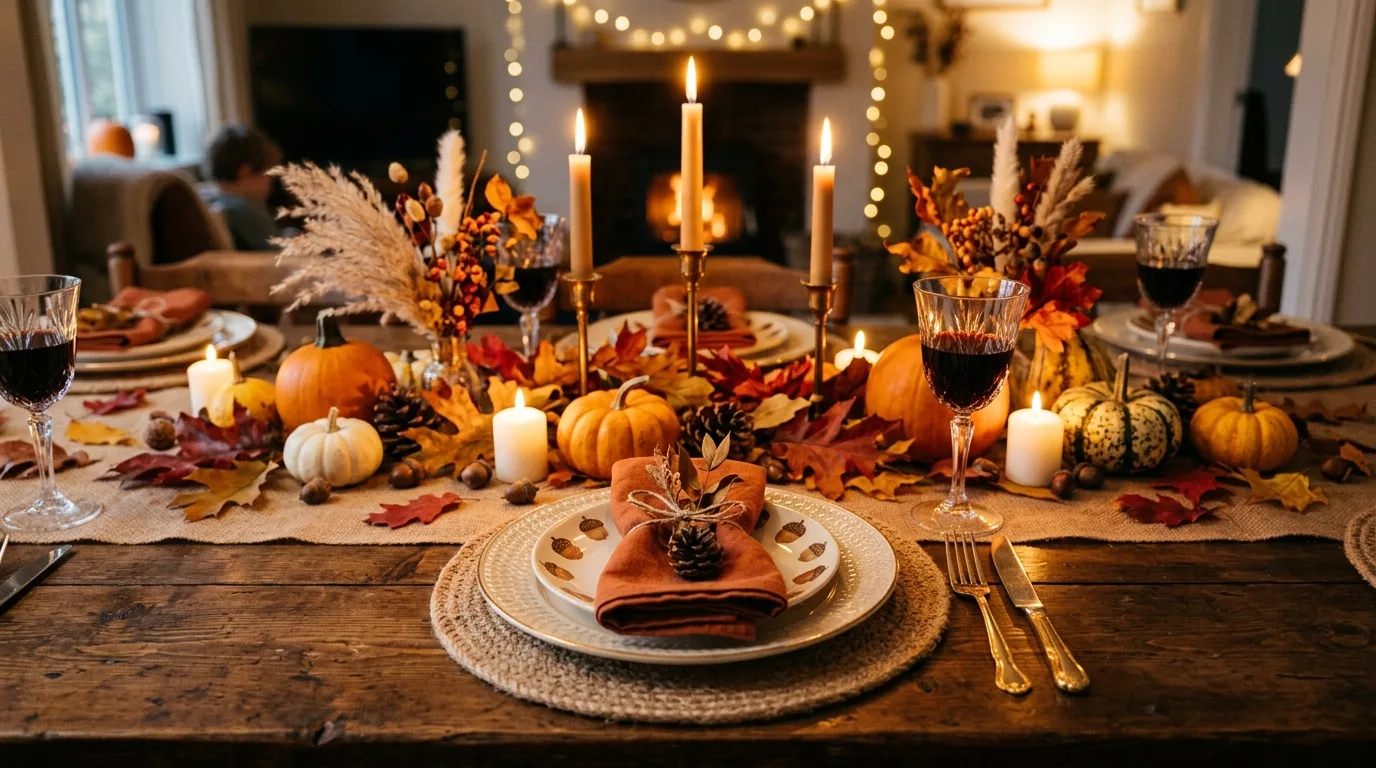 Festive autumn tablescape with candles, layered plates, and fall leaves