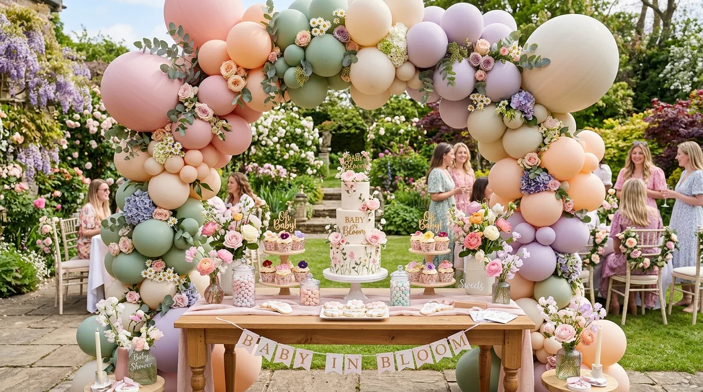 Baby in Bloom spring baby shower with floral balloon arch and dessert table
