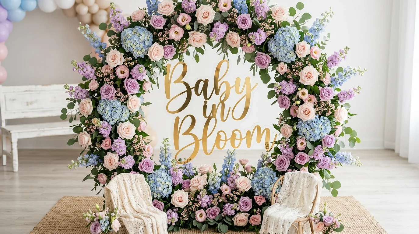 Floral Baby in Bloom backdrop with pastel flowers surrounding a gold sign