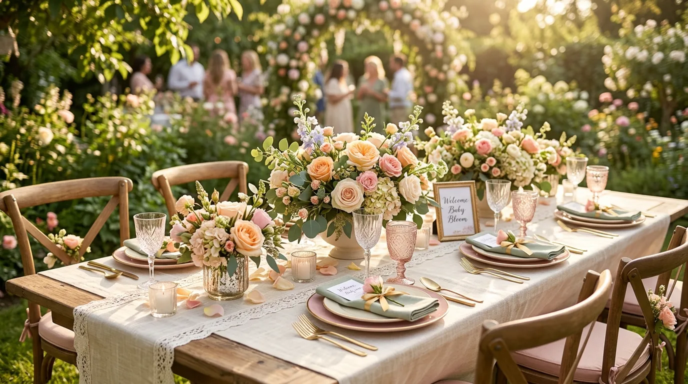 Garden style baby shower table with fresh flower centerpieces, pastel tableware, and elegant linens