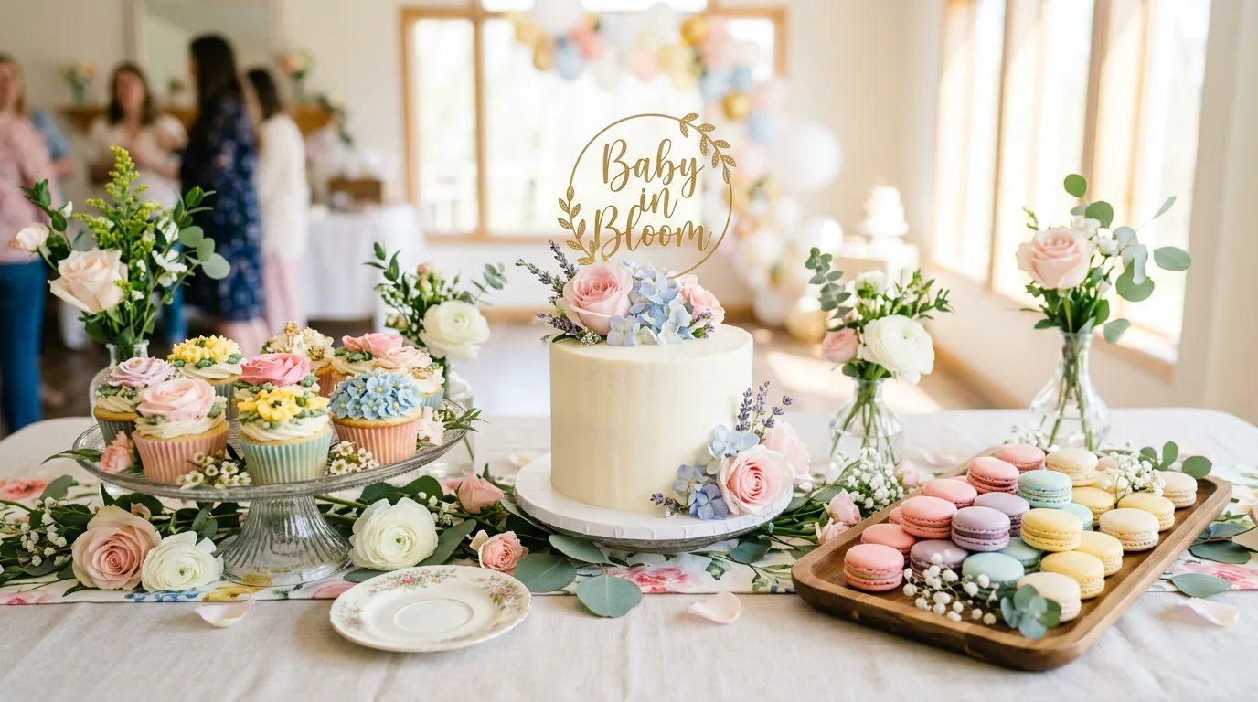 Dessert table with floral themed cupcakes, Baby in Bloom cake topper, and pastel macarons