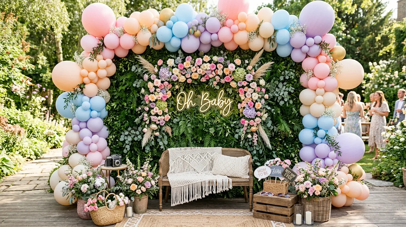 Balloon garland in soft pastel colors framing a floral photo booth backdrop with greenery wall