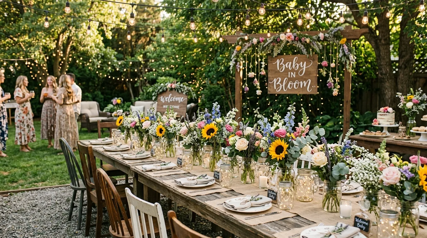 Rustic Baby in Bloom setup with wooden tables, mason jars filled with flowers, and burlap accents