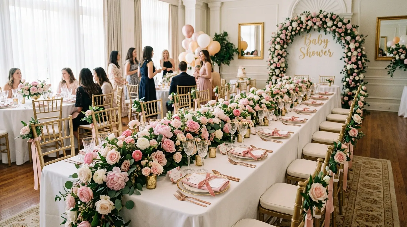 Chic indoor baby shower with pink and white roses, elegant chairs, and floral table runners
