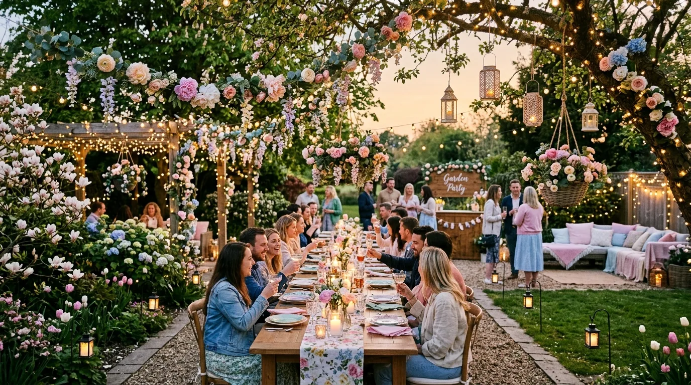 Spring garden party setup with hanging flower arrangements, fairy lights, and pastel decor