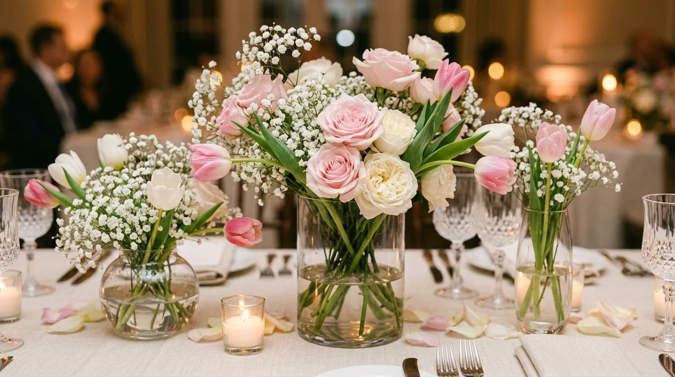 Centerpiece table arrangement with baby's breath, tulips, and roses in glass vases