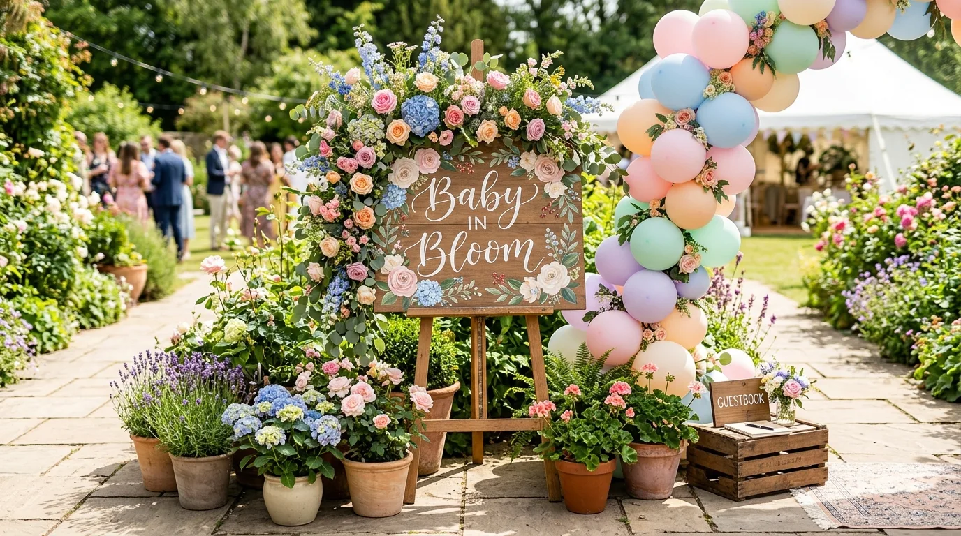 Welcome sign area with Baby in Bloom floral board, potted flowers, and pastel balloons