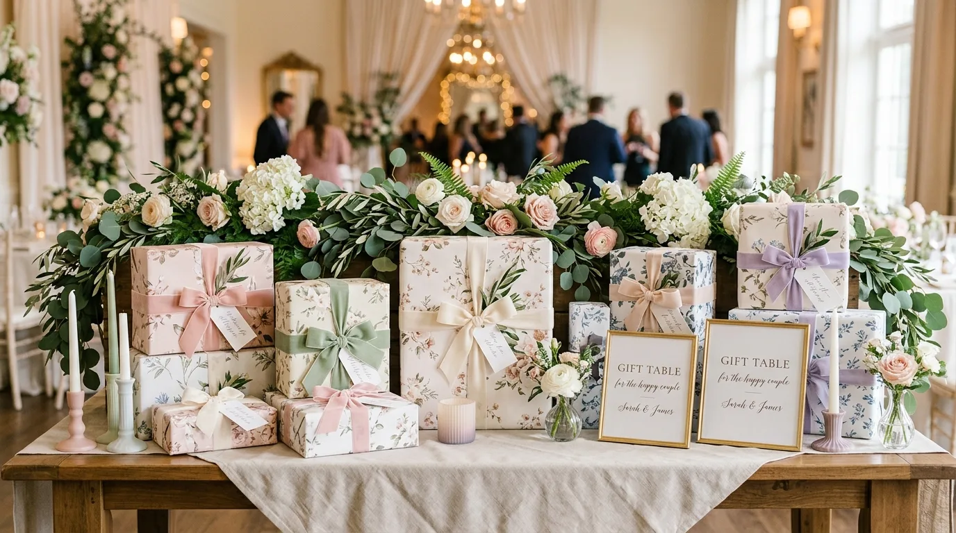 Gift table decorated with floral wrapping, greenery, and soft pastel accents
