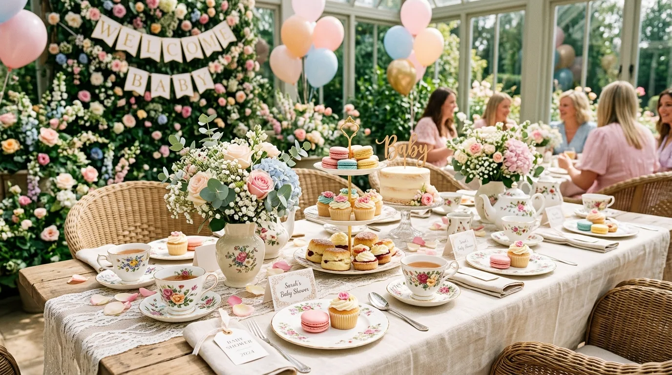 Tea party style baby shower setup with floral teacups, pastel desserts, and delicate decor