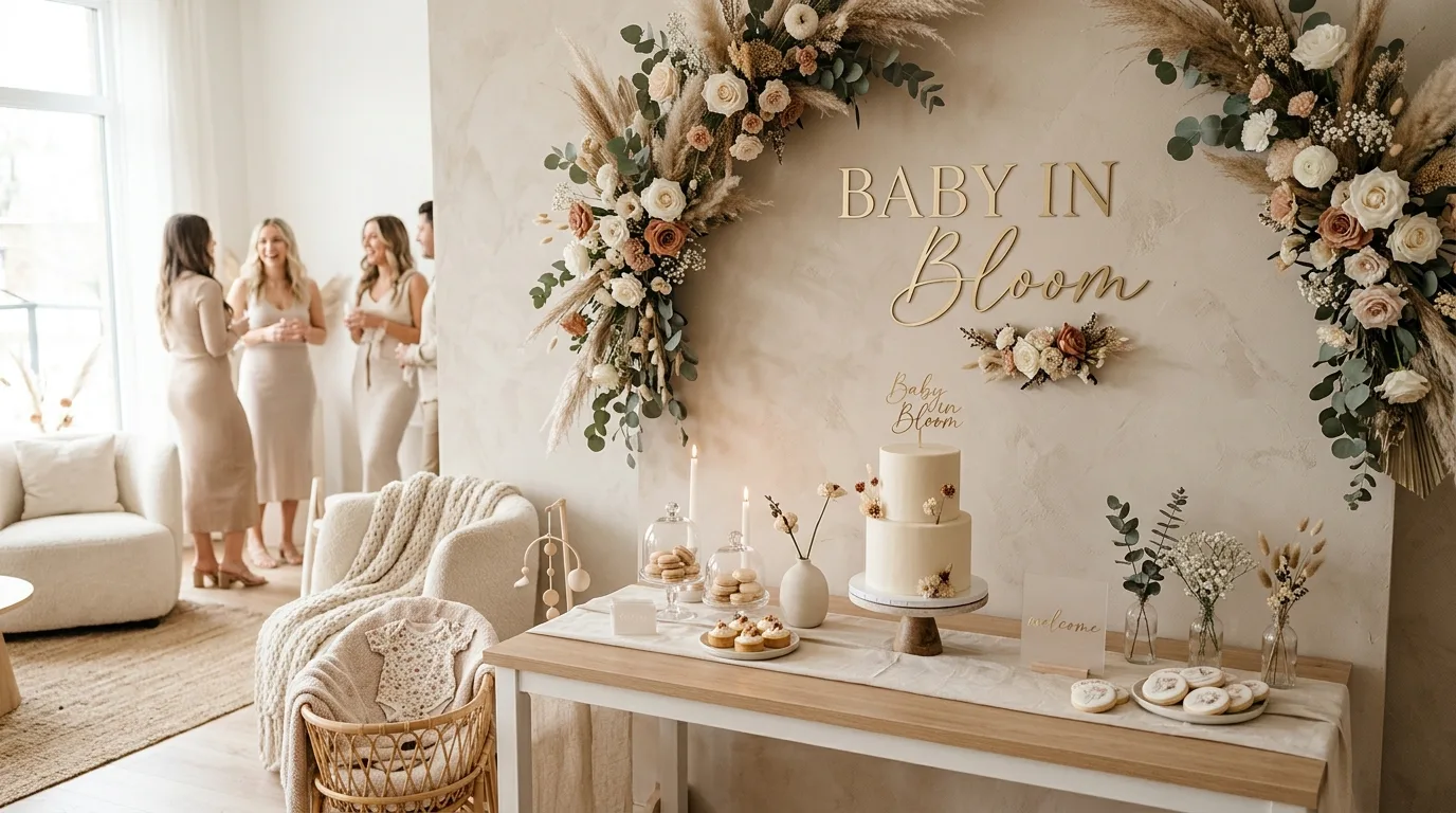 Modern minimalist Baby in Bloom party with neutral backdrop and subtle floral accents