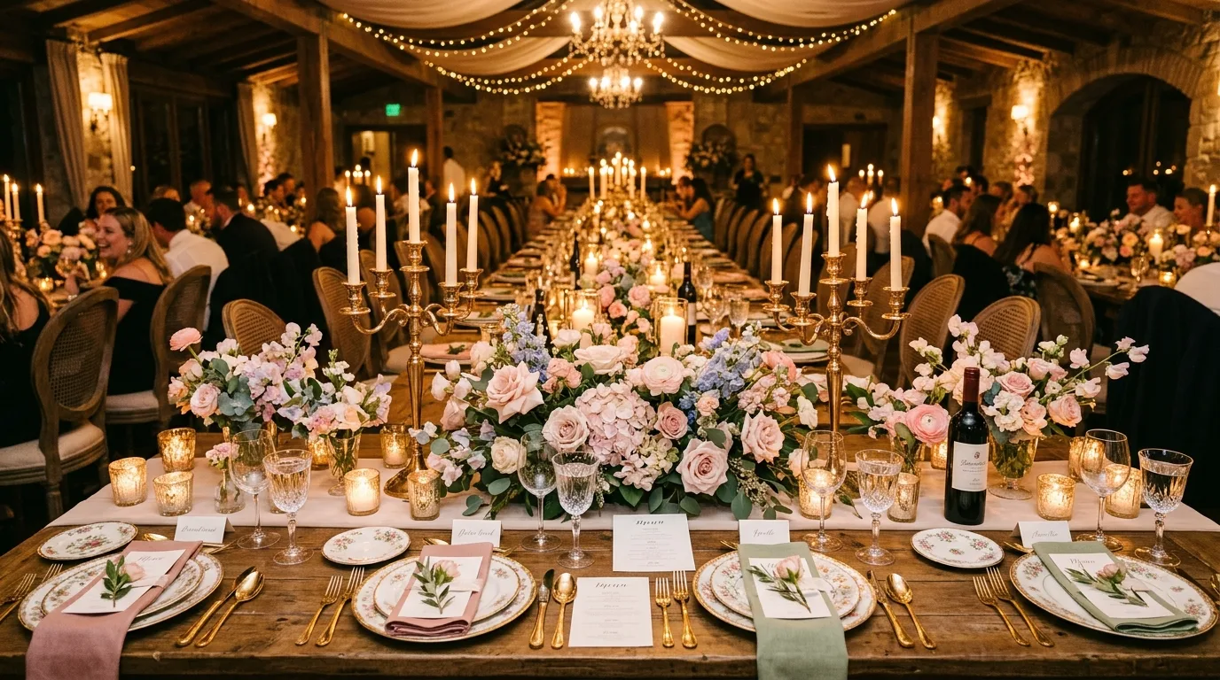 Wide banquet table decorated with layered floral centerpieces, candles, and pastel place settings