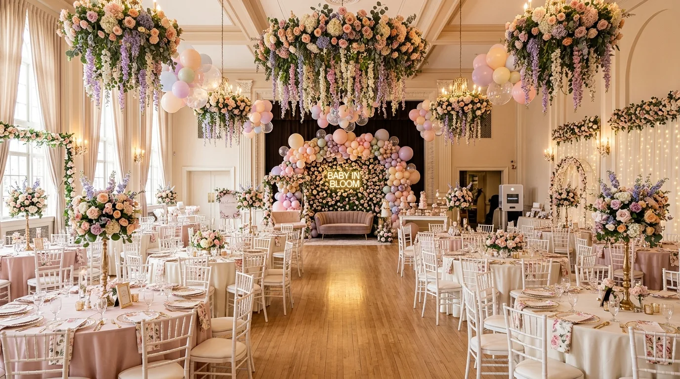 Full event hall decorated for Baby in Bloom with coordinated floral theme, balloons, and spring ambiance