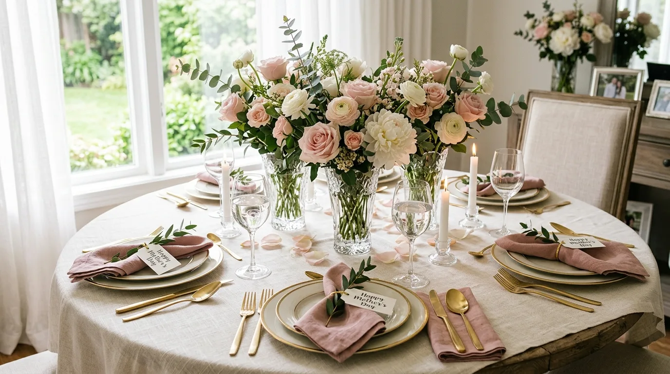 Elegant Mother's Day dining table with roses, peonies, and gold cutlery