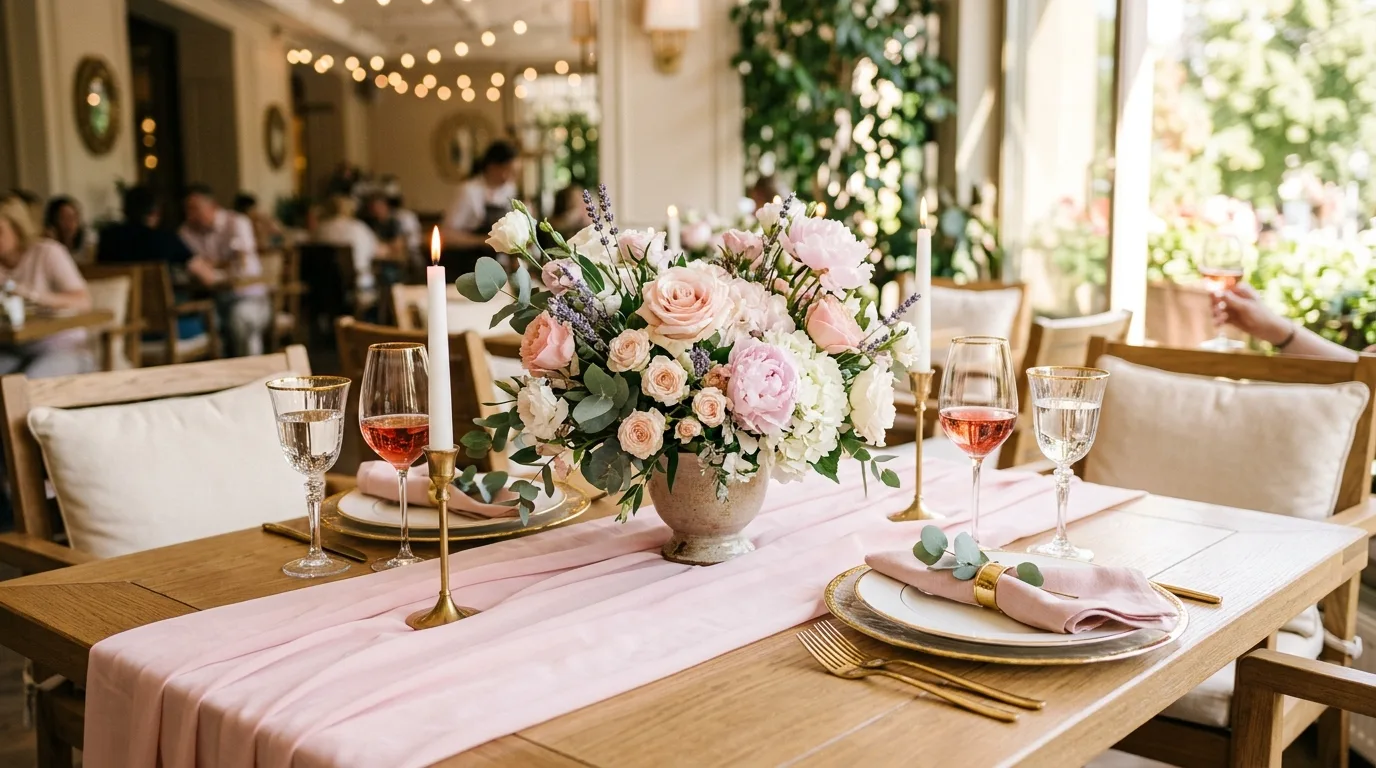 Romantic Mother's Day table with floral centerpiece, pink runner, and gold rimmed glassware