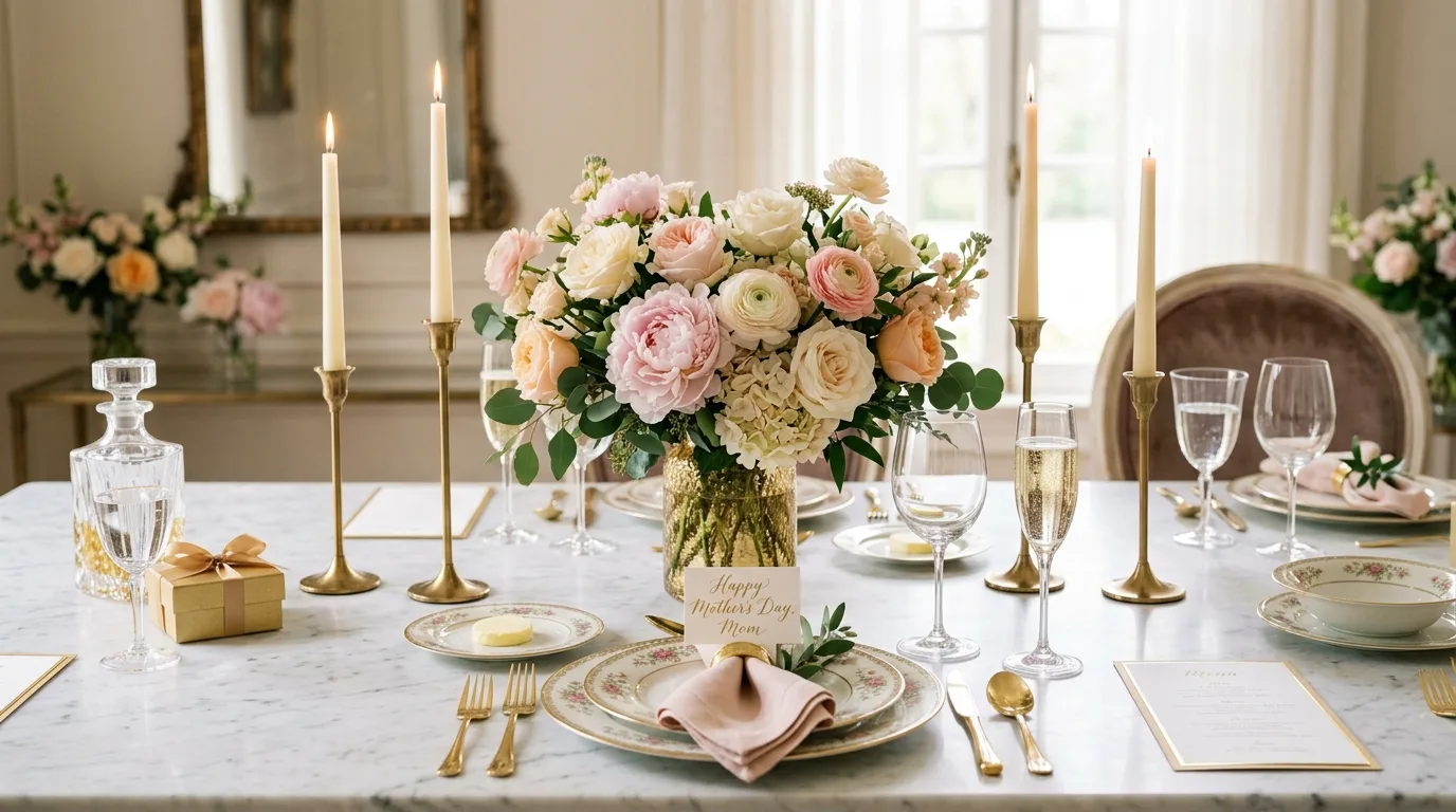 Luxury Mother's Day table with marble surface, tall candle holders, and floral arrangement