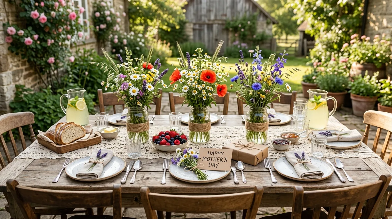 Rustic Mother's Day table with mason jars, wildflowers, and lace runner