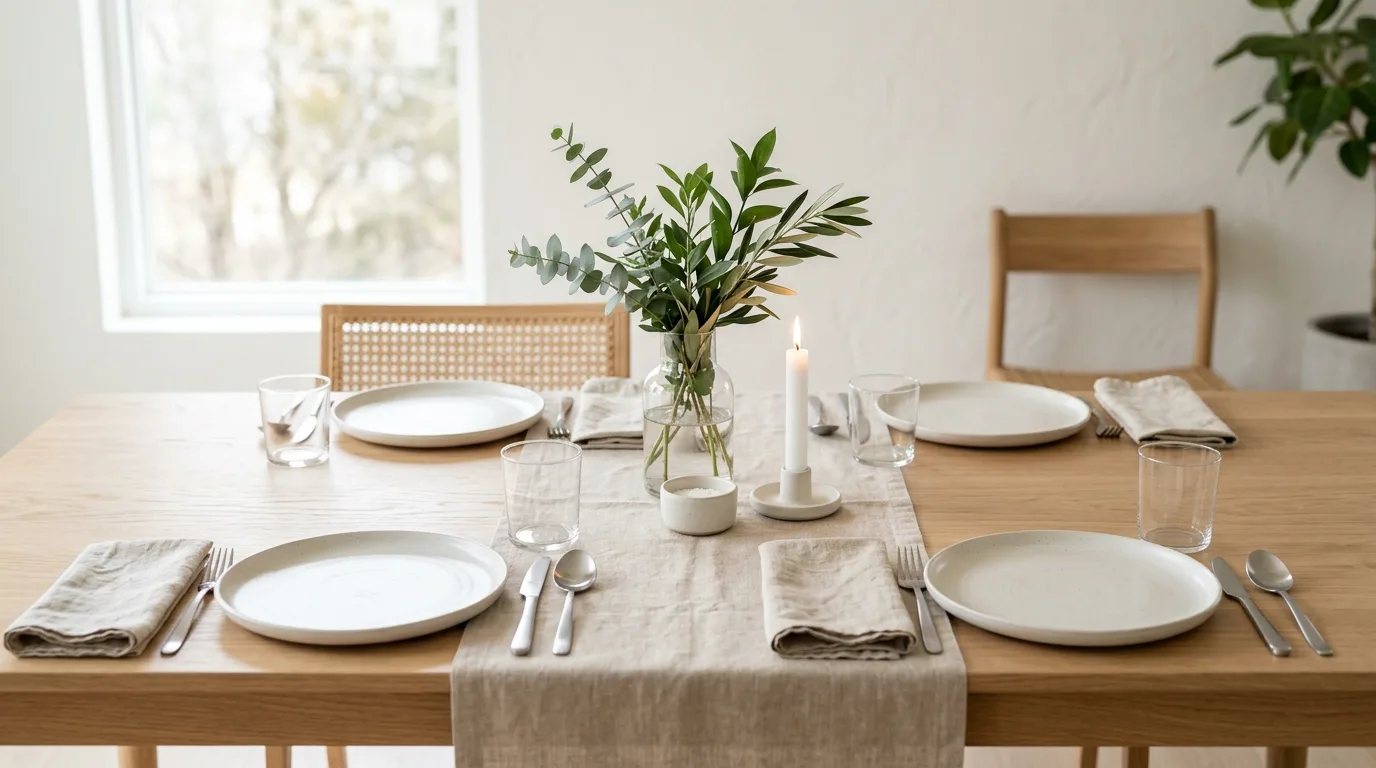 Minimalist Mother's Day table with white plates and simple greenery centerpiece