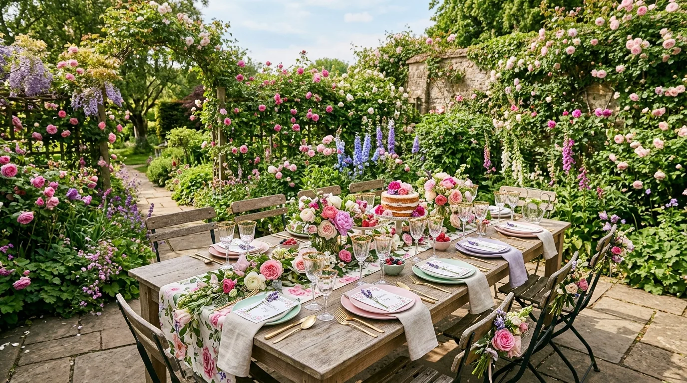 Outdoor garden Mother's Day table with floral runners and pastel plates