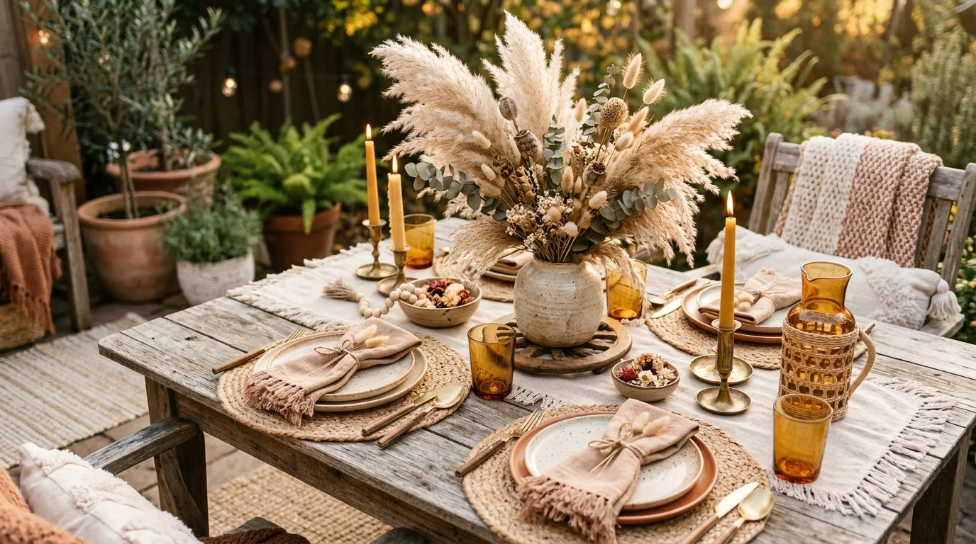 Boho style Mother's Day table with woven placemats and pampas centerpiece
