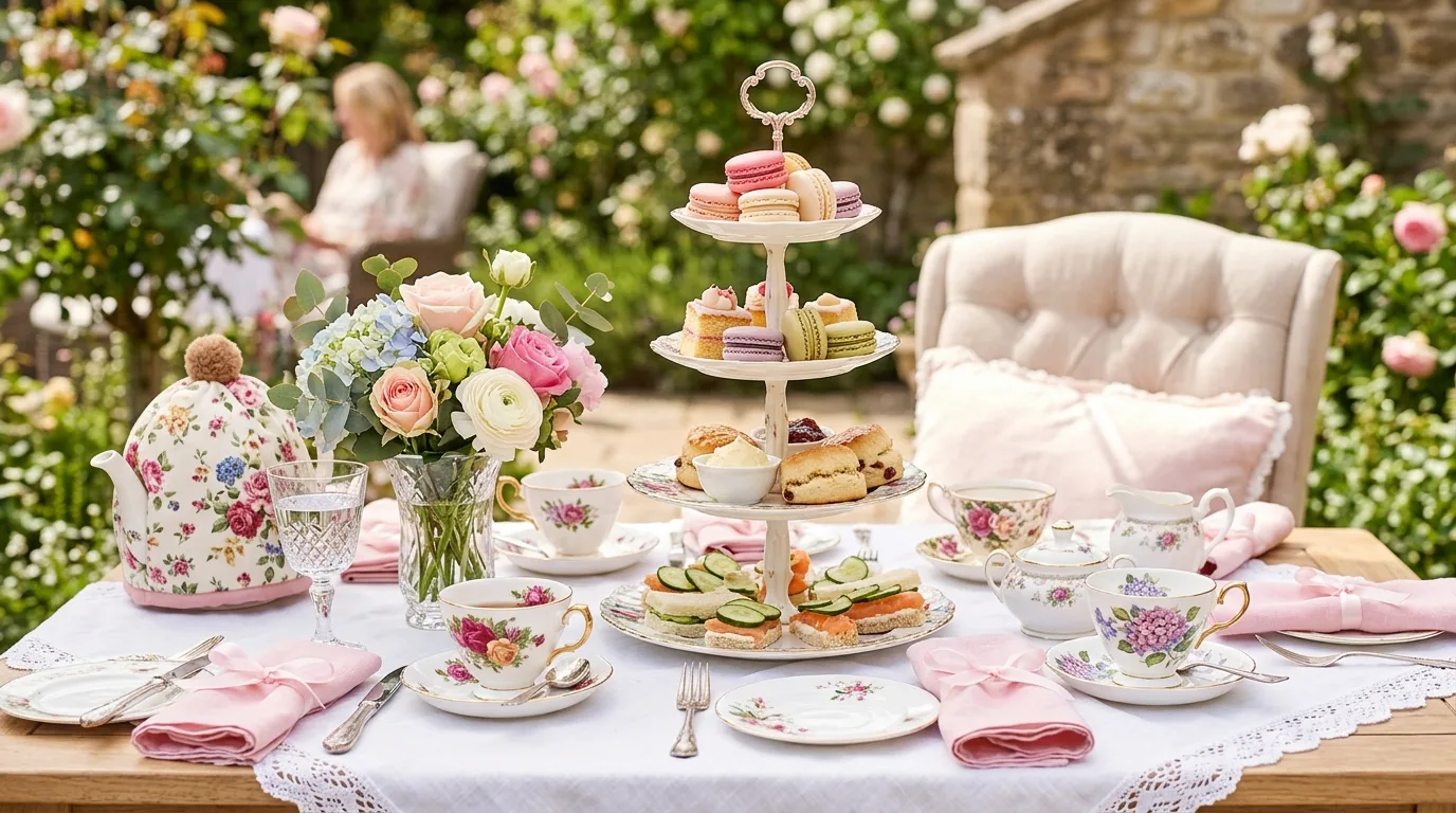 Elegant Mother's Day tea party table with floral teacups and tiered desserts