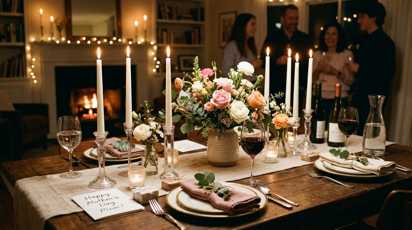 Candlelit Mother's Day table with tall white candles and floral arrangements