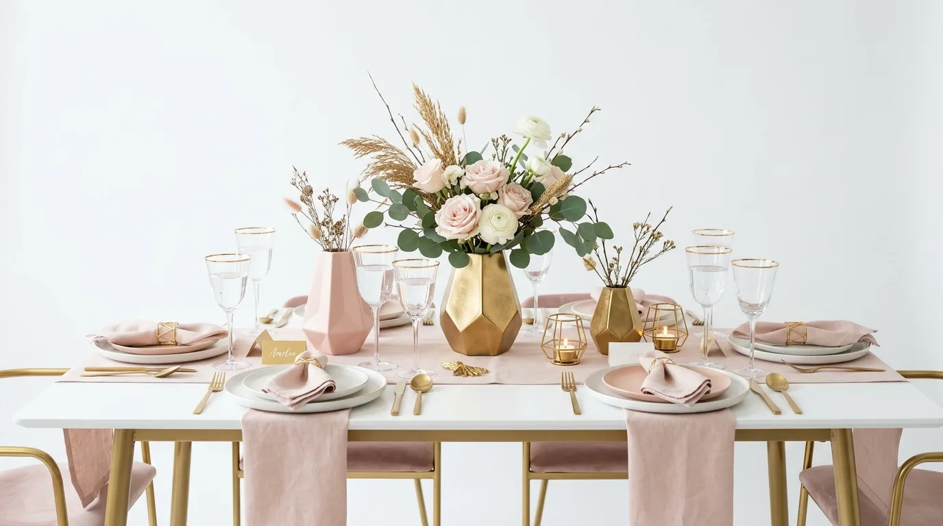 Chic modern Mother's Day table with blush and gold theme and geometric vases