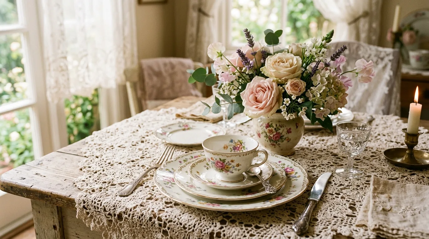 Vintage Mother's Day table with lace cloth, antique china, and pastel flowers