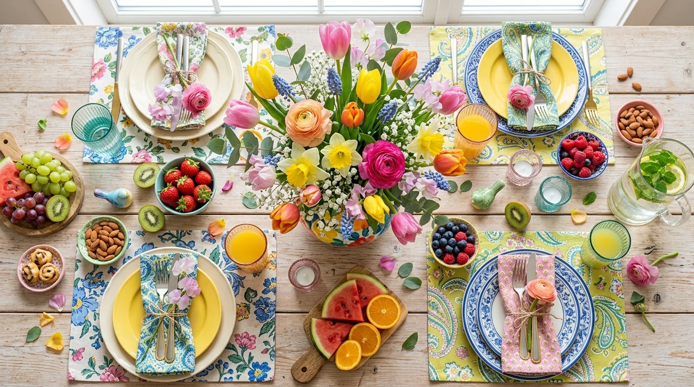 Bright cheerful Mother's Day table with colorful flowers and fresh fruit accents