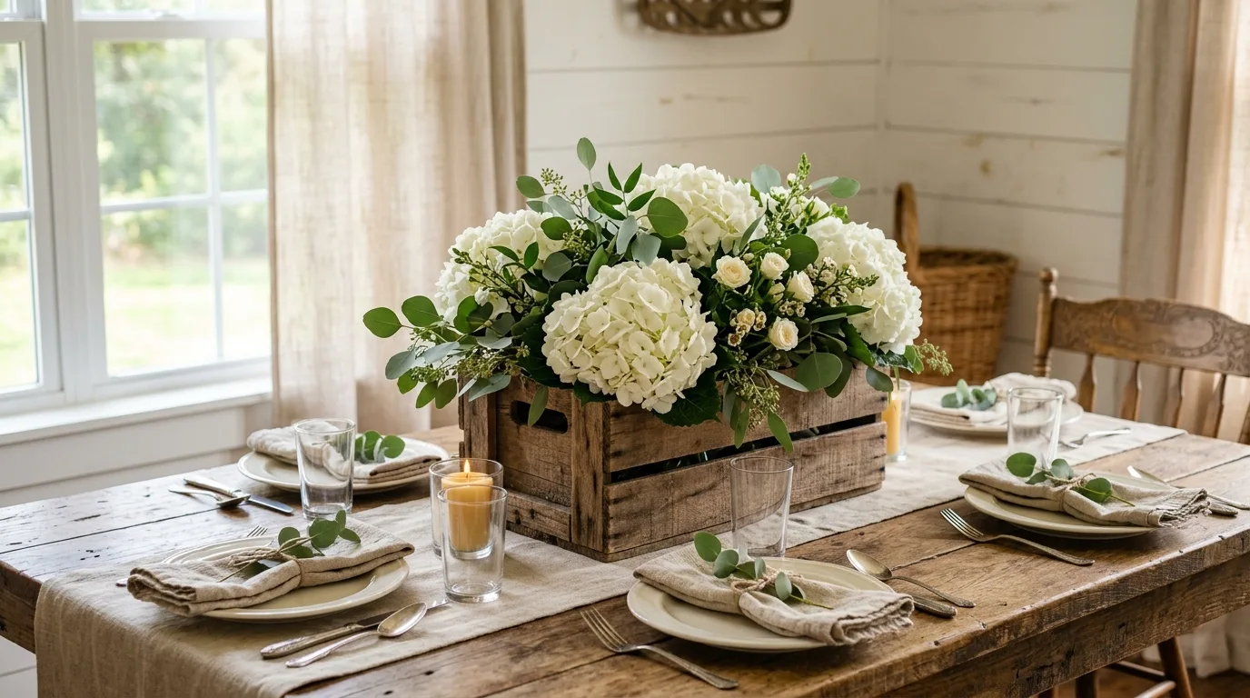 Farmhouse chic Mother's Day table with wooden crate centerpiece and white hydrangeas
