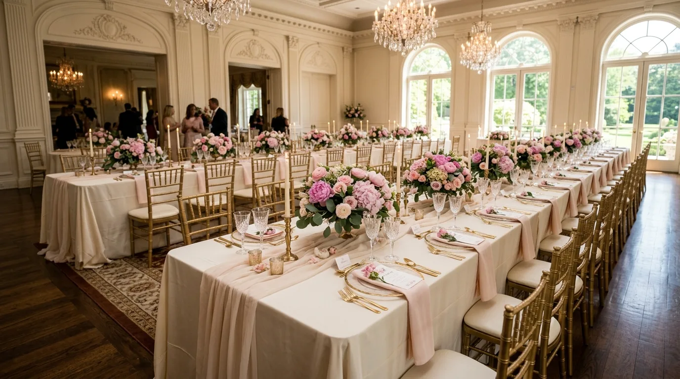 Elegant long Mother's Day banquet table with symmetrical floral arrangements