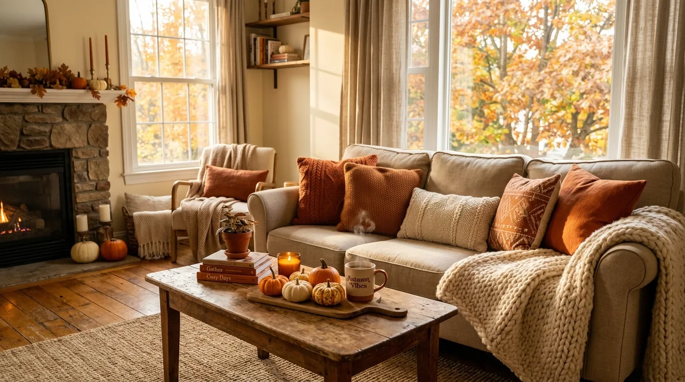 Cozy fall living room with beige sofa, rust pillows, and pumpkins