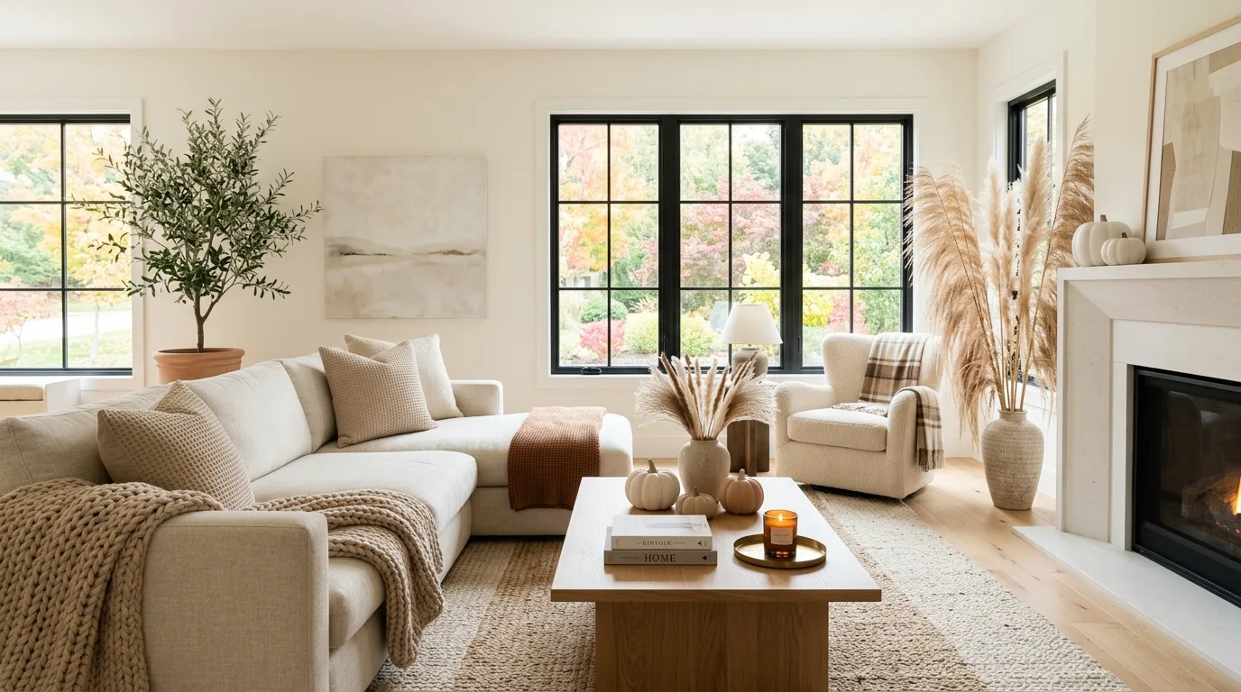 Modern fall living room with neutral tones, pampas grass, and minimalist pumpkins