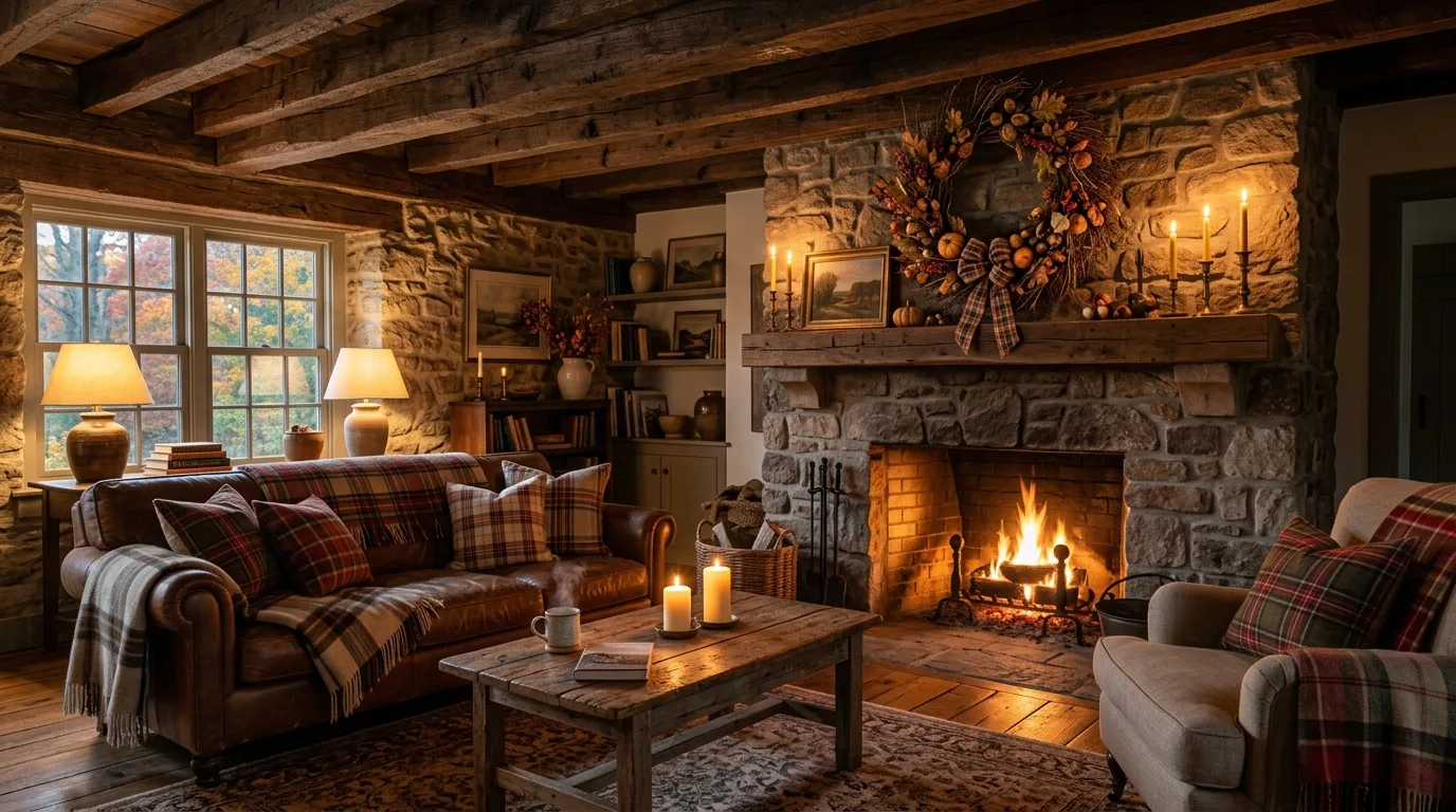 Rustic farmhouse fall living room with wood beams and wreath above fireplace