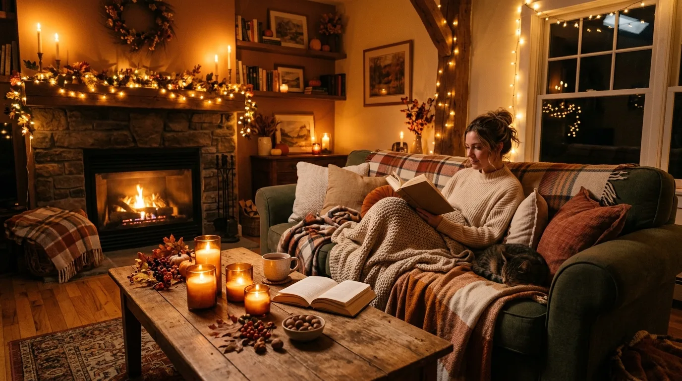 Cozy evening fall living room with candles, string lights, and warm blankets