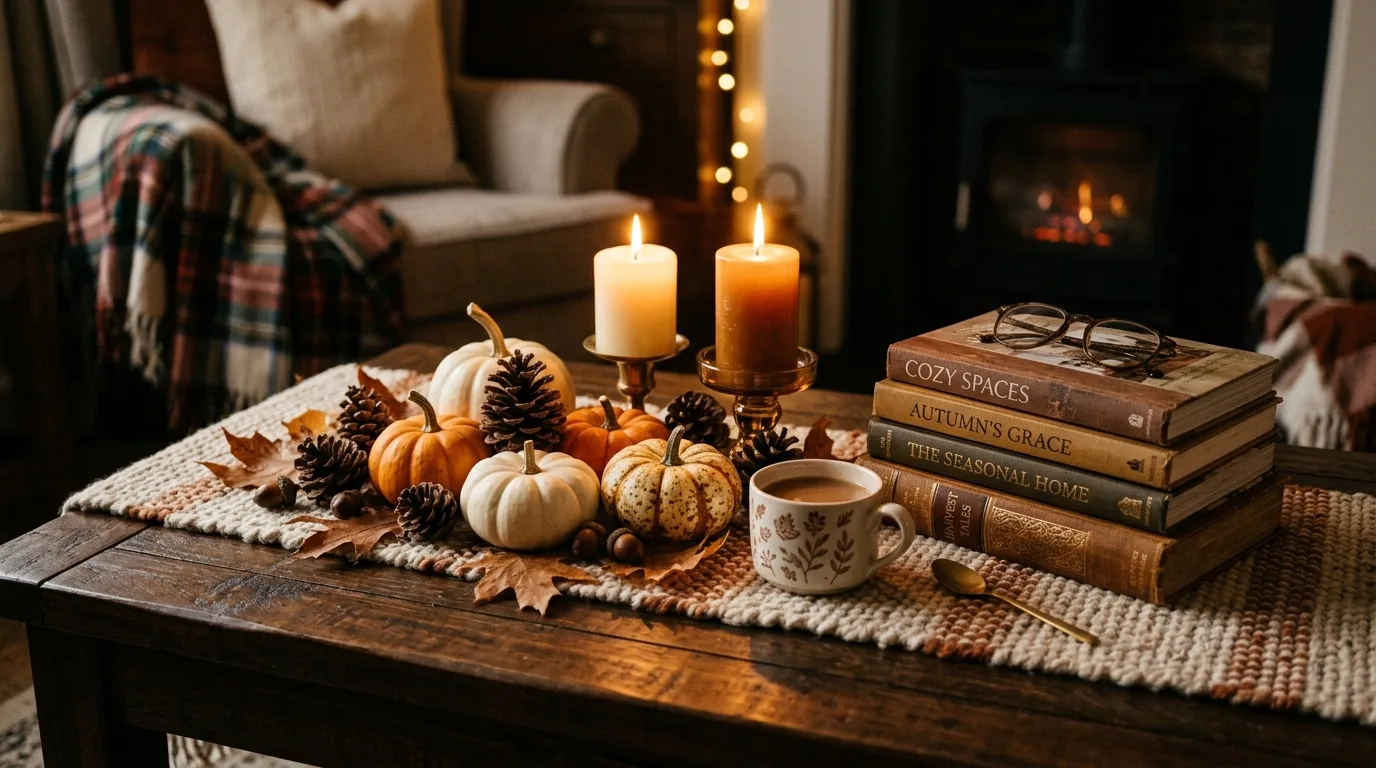 Coffee table styled with autumn decor including pinecones, candles, and mini pumpkins