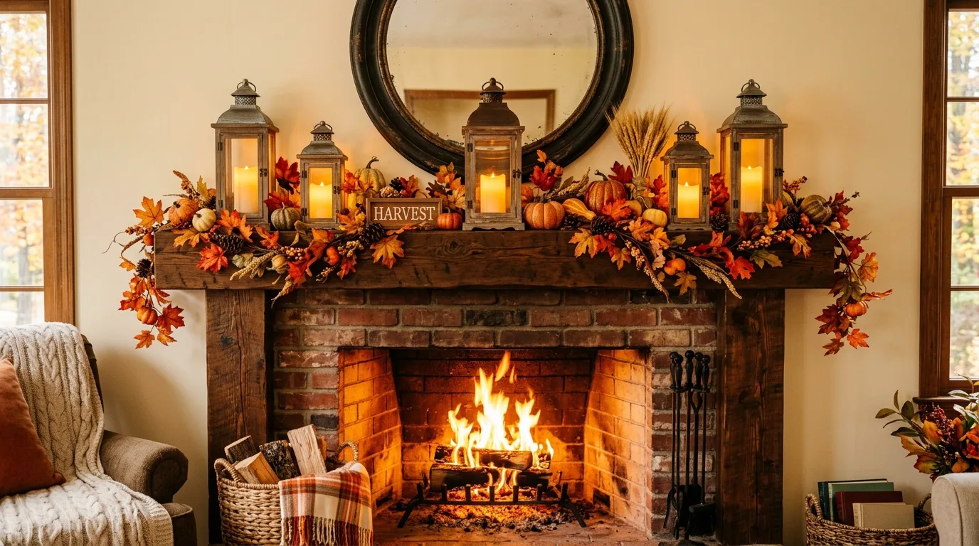 Living room fireplace mantel decorated with fall garland and rustic lanterns