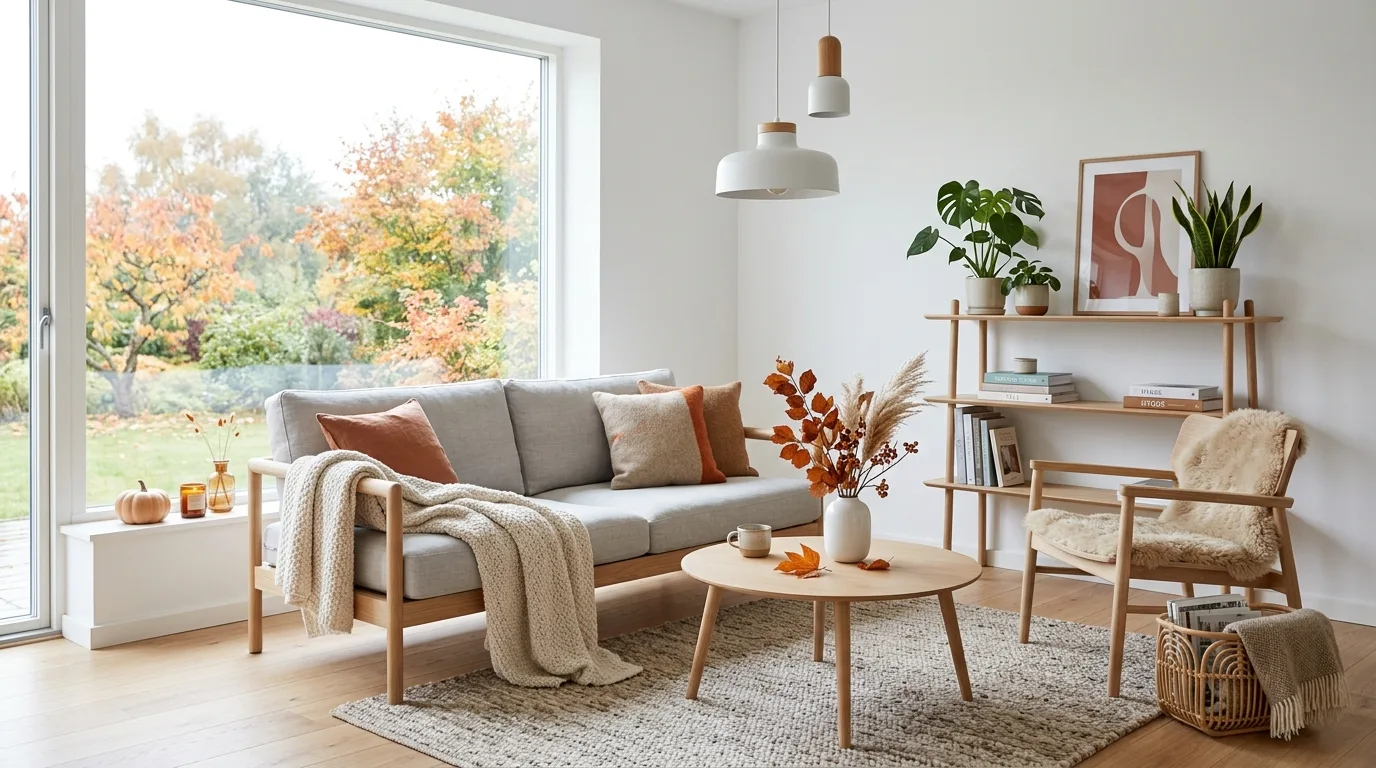 Minimalist Scandinavian fall living room with white walls and soft orange accents