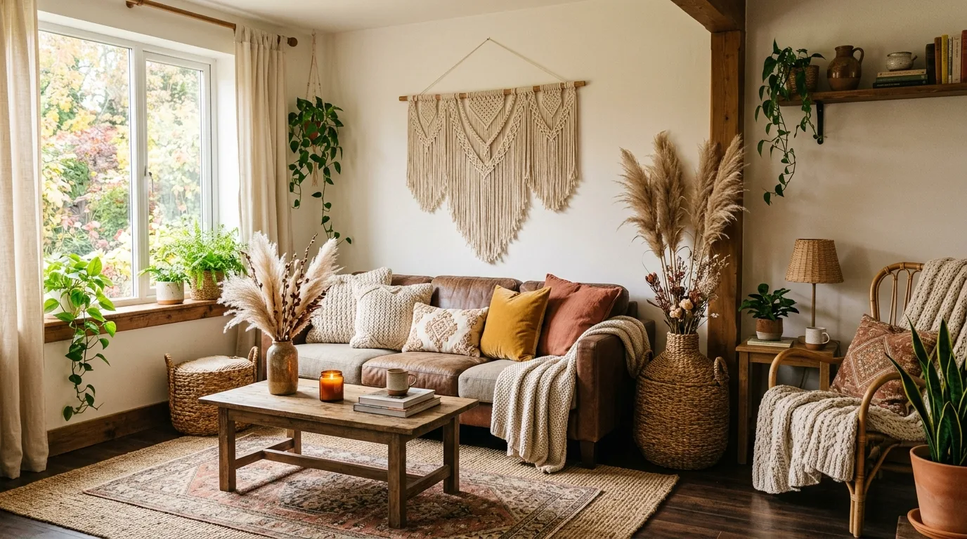 Boho fall living room with woven textures, macrame, and pampas grass